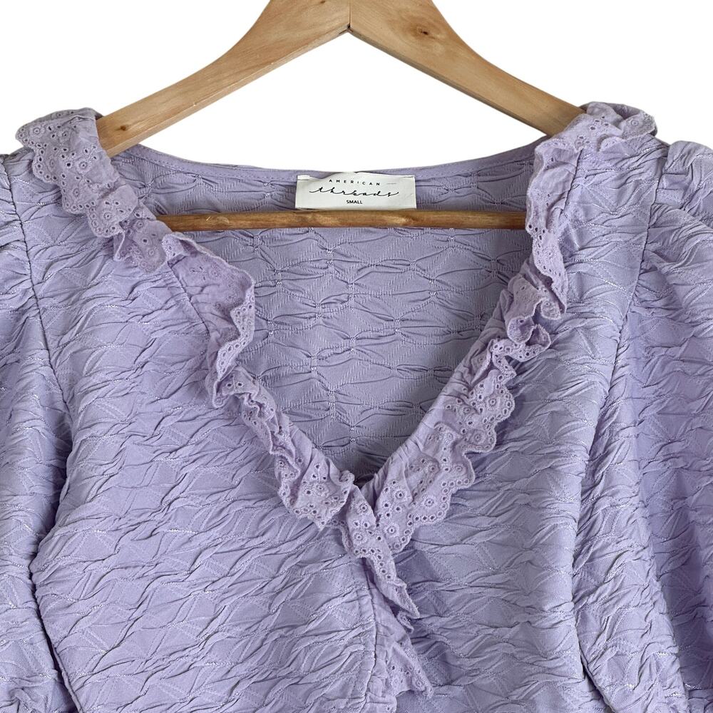 American Threads Top Womens S Purple Ruffle Textured V-Neck Cropped Cottagecore - Picture 2 of 5